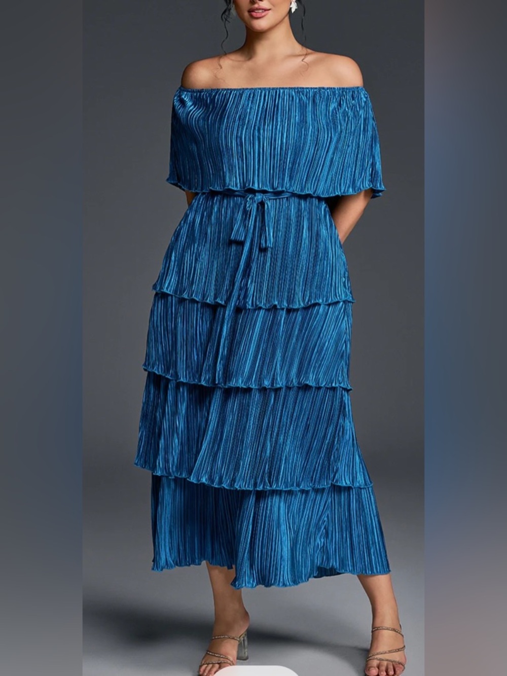 Off-Shoulder Tiered Pleated Maxi Dress in Cobalt - Picture 4 of 5